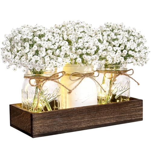 BLEUM CADE Mason Jar Centerpiece Table Decorations, Lights Centerpiece for Kitchen Dining Table Farmhouse Coffee Table Wedding Home Decor with 3 Jars Babys Breath Artificial Flowers & Wood Tray - color: White-babys Breath