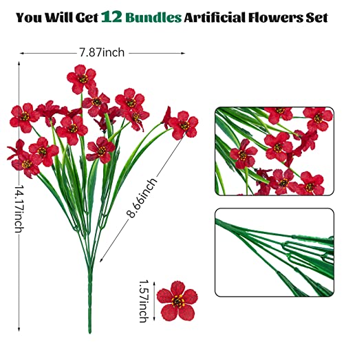 Lnoicy 12 Pcs Artificial Flowers for Outdoor,Plastic Flowers Decoration, UV Resistant Faux Flowers Shrubs, Artificial Plants for Indoor Outside Garden Home Wedding Farmhouse（Rose Red） - color: Rose Red, size: 12