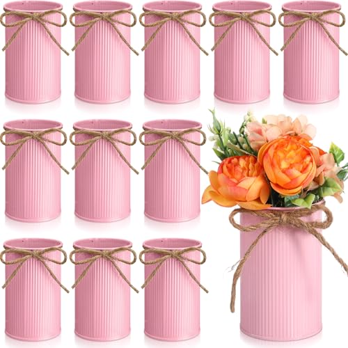 Rustic Vase for Table Centerpieces 4.33 Inch Small Petite Flower Vase with Twine Bow Vintage Farmhouse Decor for Wedding Reception Dining, Home Galvanized Metal Buckets(Pink,12 Pcs) - color: Pink