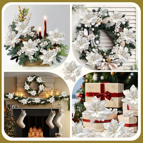 trytuny 50pcs Glitter Poinsettia Christmas Ornaments, Artificial Flowers with Clips Stems for DIY Wreath Making, Holiday Home Party Decorations, Indoor Use (White) - color: White