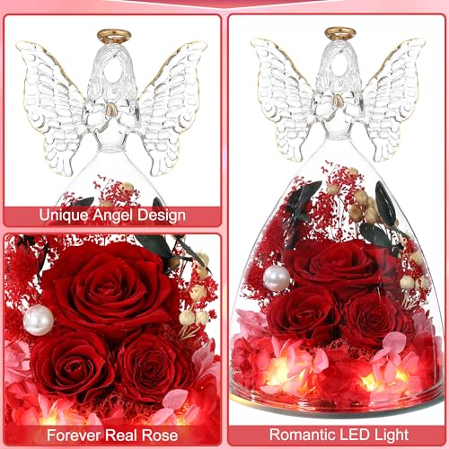 Mothers Day Rose Gifts for Women Preserved Real Flower in Glass Angel Figurines Roses for Delivery Prime Birthday Gifts for Mom Grandma Girlfriend Wife Her, Red Austin Roses - color: Red With Austin Roses