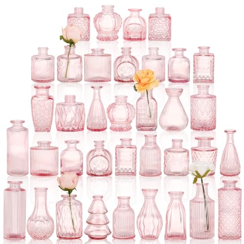 36pcs Pink Glass Bud Vase Set, Small Flower Vases for Centerpieces in Bulk, Mini Vintage Vase for Home, Wedding, Table Decor - color: Pink, size: 36pcs