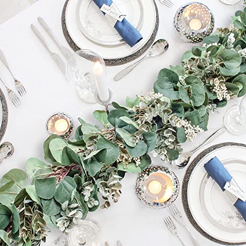 Ouddy Decor Eucalyptus Garland 6.56 Ft Lush Silver Dollar Leaves Boxwood with White Buds Artificial Faux Greenery Vines for Baby Shower Wedding Party Table Runner Room Home Mantle Decor - color: White, size: 1 Pack