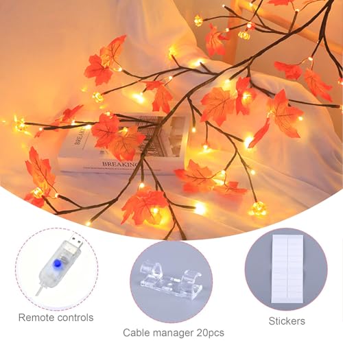 Maple Leaf LED Tree Branch Lights for Wall, Maple Leaf Lights Twig Decor Garland with144 LED Lights and USB Powered, 8 Lighting Modes or Autumn Table Fireplace Porch Thanksgiving Indoor Decor (91in) - size: 91in, style: Maple leaf