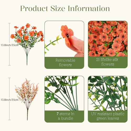 SHareconn 48 Bundles Artificial Flowers for Outdoors Decoration, Faux Plants Fake Silk Colorful Daisy Eucalyptus Lavender, UV Resistant for Outside Home Porch Patio Indoor Spring Decor, Orange - color: Spring Orange