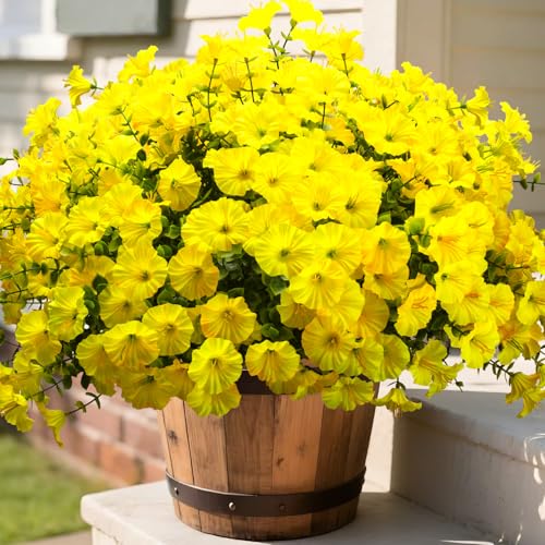 Grunyia Artificial Flowers - 16 Bundles UV Resistant Yellow Faux Silk Plastic Outdoor Fake Plants, Realistic Greenery Foliage for Porch Planter Window Box Garden Indoor Home Decor - color: Yellow