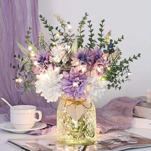 MARTINE MALL Fake Flowers in Vase with Lights, Faux Flowers in Vase, Dahlia Artificial Flowers in Vase Centerpiece Table Decorations Artificial Flower Arrangement for Home Dining Room Farmhouse - color: Purple With Lights