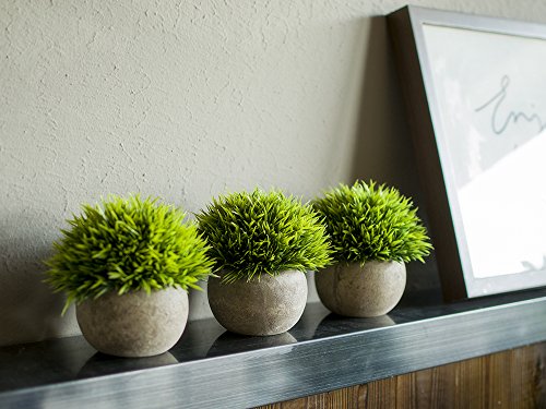 Opps Mini Artificial Plants Plastic Fake Green Grass Topiary Shrubs with Gray Pot for Home Décor – Set of 3 - color: Green