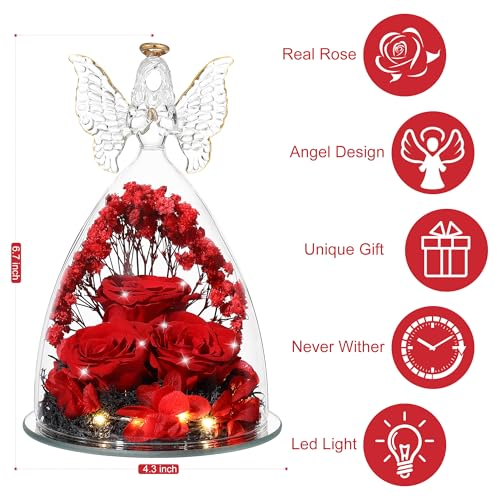 Mothers Day Rose Gifts for Women Preserved Real Flower in Glass Angel Figurines Roses for Delivery Prime Birthday Gifts for Mom Grandma Girlfriend Wife Her, Crystal Red - color: Crystal Red