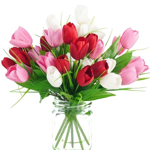 obbsie 6 pcs Tulips Artificial Flowers, Artificial Red White Pink Tulips Flowers Real Touch Silk Flower for Wedding Party Home Table Decor
