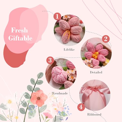 Crochet Flower Bouquet, Handmade Knitted Tulip Faux Crochet Flowers for Home Decor Valentine’s Day Anniversary Weddings Birthdays Mother’s Day, Includes Gift Bag and Greeting Card (Pink) - color: Pink