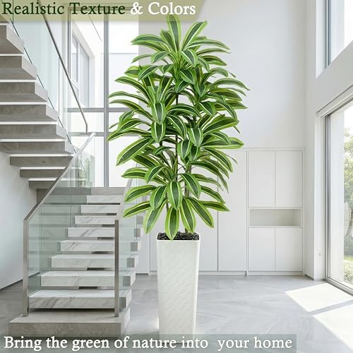 Artificial Dracaena Tree：7FT Faux Silk Tropical Yucca Floor Trees Realistic Fake Green Plant with Natural Wood Trunk & Lifelike Leaves for Home Office Decor Indoor & Outdoor (7FT,1-Pack,White) - color: Light Green – White Pot, size: 7FT