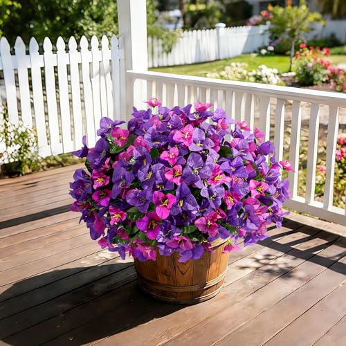 Bougainvillea Artificial Flowers Faux Plants for Outdoors Spring Porch Decor, 4 Bundles UV Resistant Outdoor Fake Bougainvillea Realistic Silk Outside Flowers for Patio Window Planters Garden Home - color: Purplefuchsia