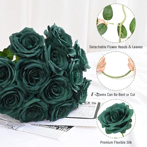 Waipfaru 16 Pcs St Patricks Day Roses, Long Stem Fake Roses Artificial Flowers, Silk Flowers for Valentines, Roses Bouquet Peacock Green Home Decor - color: Emerald Green, size: 16 Pcs