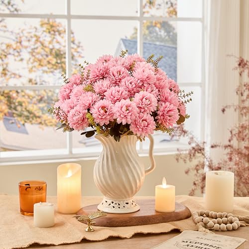 18 Heads Pink Artificial Chrysanthemum Flowers Fake Mums Pink Kiku Ball Flowers Bouquet Silk Chrysanthemums for Indoor Outdoor Table Centerpiece Vase Pots Wedding Decoration, 2 Pcs - color: Pink Chrysanthemum