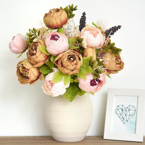 FiveSeasonStuff Artificial Peony Bouquets, 2 Silk Flower Bundles in Mixed Pale Pink & Tawny Brown with Hydrangeas for Wedding Centerpieces & Home Decor - color: Mixed Pink and Brown