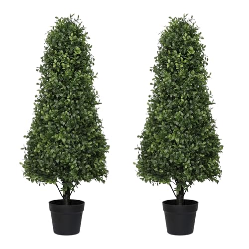 3ft Artificial Boxwood Topiary Trees (Set of 2) - UV Resistant Faux Plants Outdoor, Realistic 36" Fake Cone Bushes and Shrubs for Front Porch, Planter, Patio - Low Maintenance & Evergreen - color: Boxwood Dark Green, size: 36in