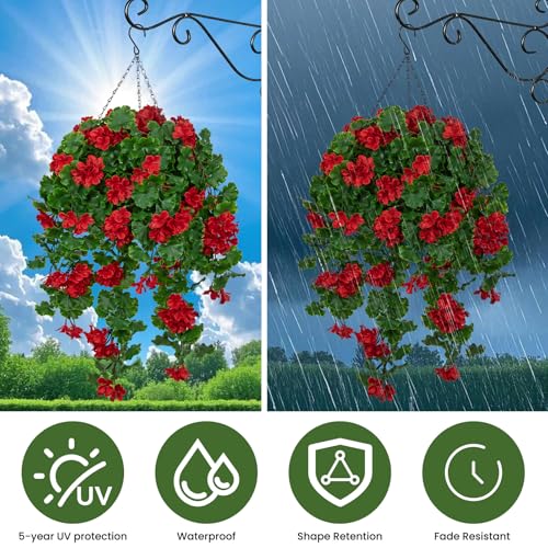Artificial Hanging Geraniums Flower Plants with Basket for Outdoor Decoration, UV Resistant Hanging Fake Red Geranium Flowers Realistic Front Porch Garden Patio Home - color: Red, size: Large