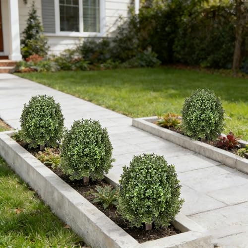 25" Artificial Boxwood Topiary Ball Tree - 2-Pack Realistic Touch Dual-Tone UV-Resistant Outdoor Fake Plant with Triangular Stake & Natural Trunk Texture, Faux Topiary Bush for Garden Porch Decor