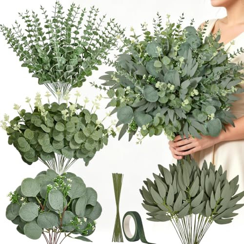 Serwalin 100PCS Mixed Eucalyptus Stems Bulk, Artificial Greenery with 20 PCS Floral Wire & Tape for DIY Arrangements, Wedding Centerpieces, Bouquets, Home Decor - color: Attractive Forest Green-100pcs With 20pcs Floral Wire & Tape