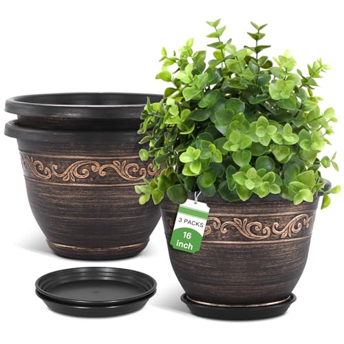 Plastic-Plant-Flower-Planters-16 Inch With Drainage Hole & Saucer, 3 Packs Lightweight Small Resin Flower Pot Indoor Outdoor, Retro Antique Imitation Decorative Garden Containers Sets For Houseplants - color: 3 Pack-16 Inch