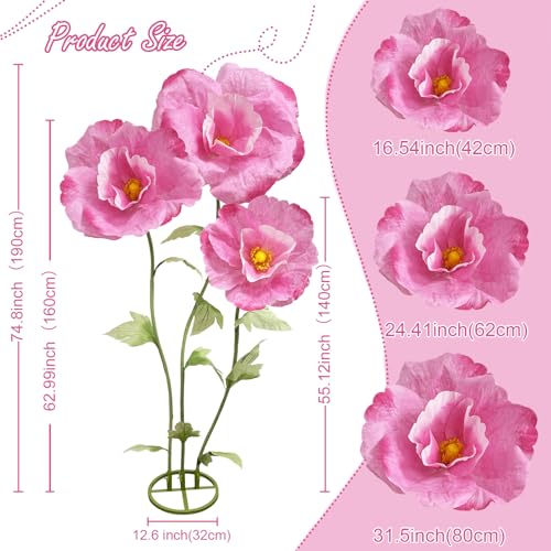 Giant Flowers Paper Flower Decoration, Large Artificial Floral Decor with Standing Base Wedding Birthday Home Party Banquet Mother's Day Backdrop Photography Props Shop Window Display, Dark Pink - color: Dark Pink