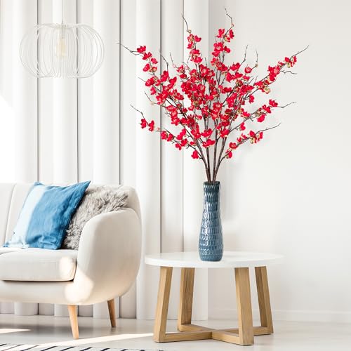Sggvecsy Artificial Plum Blossom Flowers 4 Pcs Faux Cherry Blossom Stems Faux Silk Plum Blossom Branches 36.2’’ Fake Flowers Long Stems for Vase Arrangements Home Wedding Table Decor (Red) - color: Red