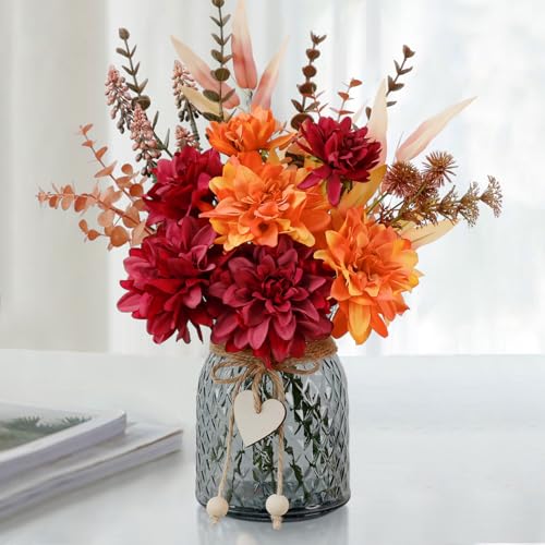 Leftover Fake Fall Flowers in Vase,Faux Flowers in Vase,Fall Floral Arrangement,Fall Centerpieces for Tables,Artificial Flowers,Kitchen Decor,Coffee Table Decor - color: Orange and Red