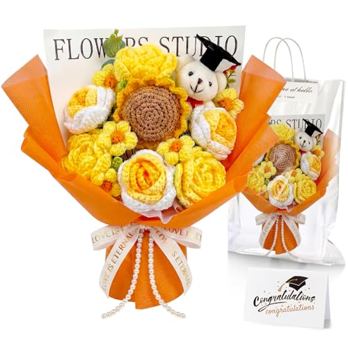Giegxin Large Graduation Bear Flower Bouquet Set Crochet Graduation Bouquet Gift 2026 Handmade Sunflower Rose Greeting Card Gift Bag for Birthday Teacher Appreciation Grad Party Favor Supplies(Orange)