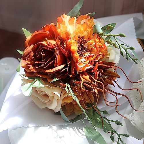 Bridesmaid Bouquets for Wedding - Set of 6 Artificial Flowers Bouquet for Fall Wedding Decoration Marriage Proposal Party Ceremony Anniversary Dining Table Centerpieces - Burnt Orange - color: Orange, size: 6pcs Bouquets