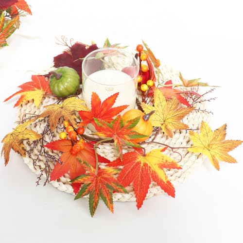 Fall Candle Ring Small Wreath Artificial Maple Leaves Pumpkin 13” for Thanksgiving Halloween Autumn Harvest Festival Farmhouse Table Decor Gift - color: Fall