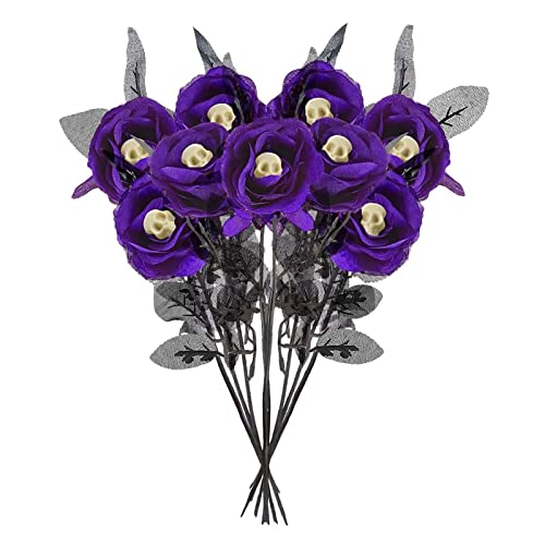Vaguelly Halloween Flowers 10Pcs Artificial Halloween Rose with Skull Head Black Leaves Faux Silk Rose Picks Flower Stems Rose Flower Bouquet for Halloween Party Haunted House Home, Purple