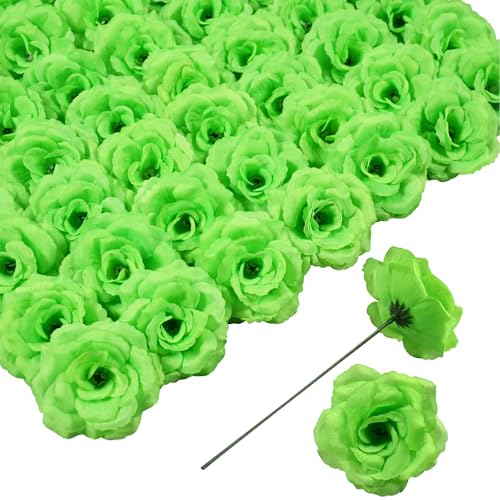 Rose Artificial Flowers, 50Pcs Green Roses Head Flowers Bulk with Stem, 3 Inches Silk Rose Fake Flower Head for Wedding Party Home Decor DIY Baby Shower Centerpieces Tables Decoration(Grass Green) - color: Grass Green