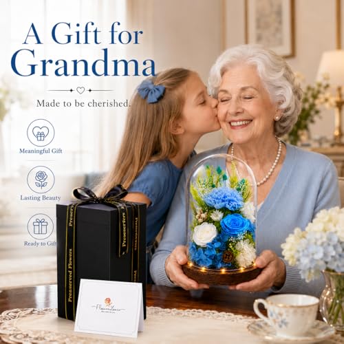 Preserved Flowers in Glass, Preserved Rose with 1 Carnation & 2 Roses, Eternal Real Flowers for Women Mom Grandma, Forever Rose Bouquet for Anniversary Birthday Mother's Day Lasts 3-5 Years - color: Blue