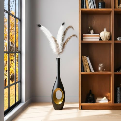 23.6 in Black Floor Vase – Modern Oval Tall Floor Vase with Gold Cutouts & Slim Neck, Decorative Vases for Luxury Home, Office, Wedding Decor – Resin Tall Vases