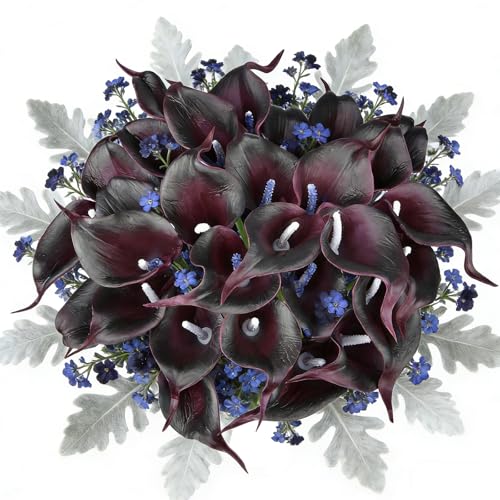 Calla Lily Bridal Wedding Festival Decor Bouquet Real Touch Latex Flower Bouquet Pack of 20 (Black Burgundy) - color: Black Burgundy