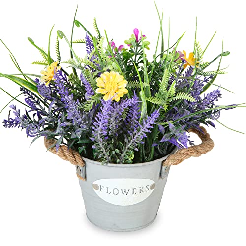 Artificial Plant Purple Lavender | Potted Faux Greenery | Farmhouse Decor for Home, Office, Bathroom | Galvanized Metal Pot - color: Lavender Flower With Yellow Daisy
