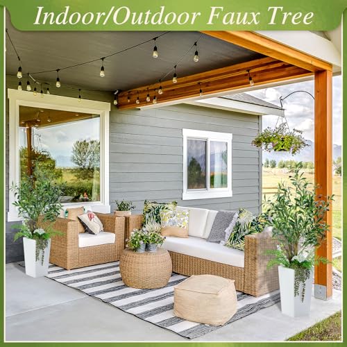 Giegxin 2 Pcs Artificial Olive Tree Combo 4ft Tall Faux Olive Trees with Tapered Planter & 5 Decorative Plants, UV Resistant Fake Floor Potted Plants for Indoor Outdoor Porch Home Office Decor (White)