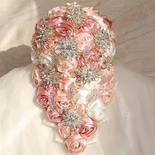 Handmade Satin Rose Water Drop Bridal Bouquet,8.7inch Crystal Wedding Round Tossing Bouquet,Jewelry Proposal Bridesmaid Bouquet Groom Corsage Bride Wrist Flower Ivory (Champagne Pink) - color: Champagne Pink