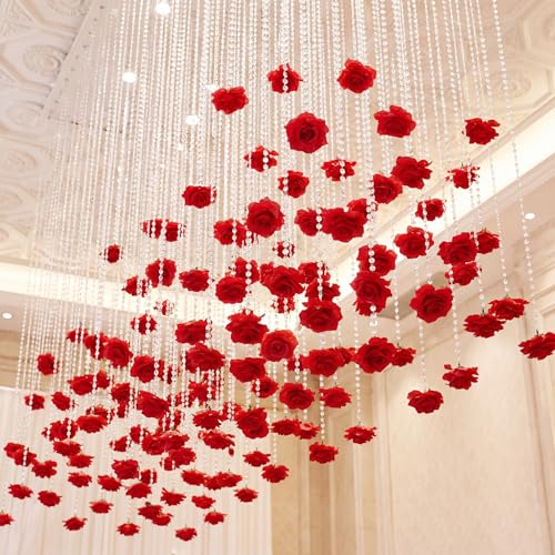 Norme 16pcs 31.4 Inch Red Rose Hanging Garland Crystal Beaded String Garland Artificial Rose Flower Decor for Mother's Day Ceiling Wedding Engagement Bridal Shower Party Decorations - color: Red