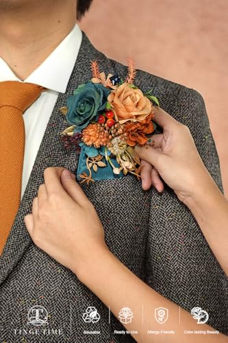 TINGE TIME Boutonniere for Men Wedding,Groom and Best Man Boutonniere for Wedding, Prom, Homecoming, Anniversary, Graduation (Burnt Orange & Dark Teal) - color: Burnt Orange & Dark Teal
