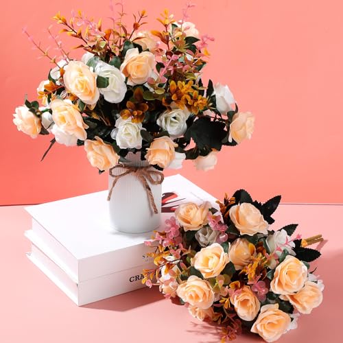 Hotop 12 Bunches of Artificial Flowers Centerpiece 13 Inches Silk Fake Roses Bouquets for Table Decoration Faux Arrangement Flowers for Wedding Cemetery Memorial Day (Champagne) - color: Champagne