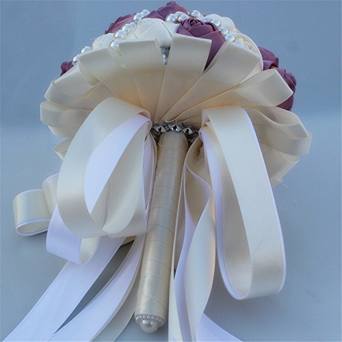 USIX Handcraft Popular Satin Rose Rhinestone Brooch Flower Pearl Bridal Holding Wedding Bouquet Wedding Flower Arrangements Bridesmaid Bouquet(Light Purple+Ivory) - color: Light Purple+ivory