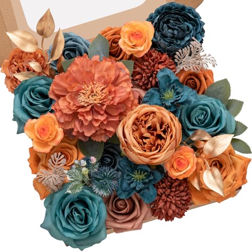 Serwalin Artificial Flowers, Teal Burnt Orange Silk Floral Centerpieces, Fake Flowers Bouquets Box Set for Wedding Bridal Baby Shower Party DIY Craft Home Cake Decoration - color: A Blooming Orange Teal, size: Square