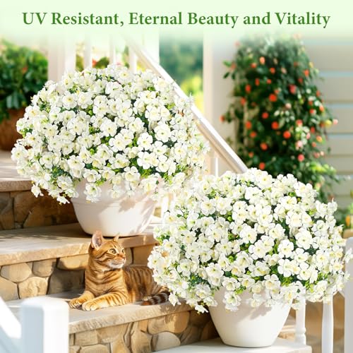 MARTINE MALL 24 Bundles Look Real Artificial Flowers for Outdoors, Realistic Fake Outdoor Flowers, UV Resistant Silk Flowers for Outside Faux Flowers Plants for Outdoor planters Porch, White - color: White, size: 24 Bundles
