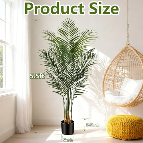 Artificial Areca Palm Plant 5.5Ft Fake Tropical Palm Tree Perfect Faux Dypsis Lutescens Plants in Pot for Indoor Outdoor House Home Office Garden Modern Decoration Housewarming Gift - size: 5ft 6in