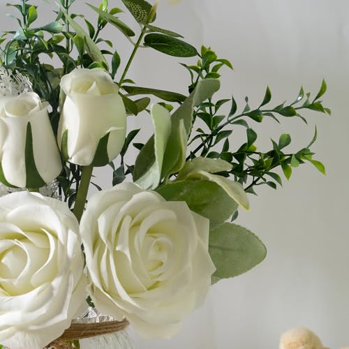 Fake Flowers with Vase Silk Rose Flowers in Vase Eucalyptus Flowers Arrangement Suitable for Home Office Decoration, Dining Table Centerpiece (Rose-White) - color: Rose-white