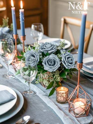 N&T NIETING Artificial Flowers with Stems, 25pcs Foam Roses Fake Flowers Perfect for DIY Wedding Bridal Bouquets Centerpieces Home Flower Arrangement Party Tables Decoration, Dusty Blue Gray - color: Dusty Blue, size: 25pcs