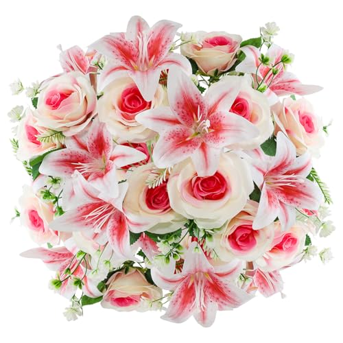2 Set Artificial Cemetery Flowers with Grave Vase-2 Bunches Lilies & Rose Mixed Pinkish Silk Memorial Flowers-2 Cemetry Vase with Foam for Outdoor Headstones Gravesite Graveyard Decorations - color: Pinkish