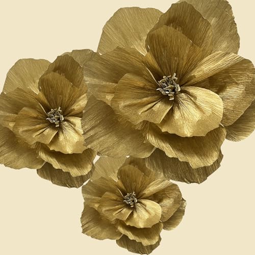 BRT Bearingshui Crepe Paper Flowers Decoration for Wall Total 6 Pcs, Artificial Flowers for Wedding Decor,Flower Backdrop Decor, Baby Bridal Shower Birthday Party, Gold 3D Wall Flowers Decor - color: Gold